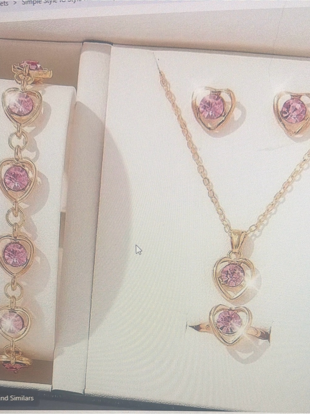 Gold-Tone Pink Crystal Heart Jewelry Set - Necklace, Bracelet, Earrings, Ring